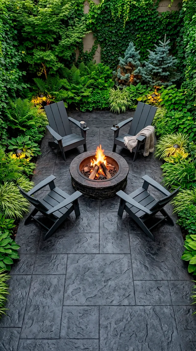 Charcoal stamped concrete patio with slate texture and fire pit.