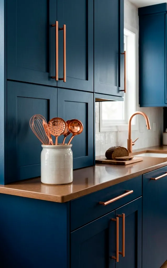 Navy blue kitchen cabinets with copper handles and a jar of copper utensils.
