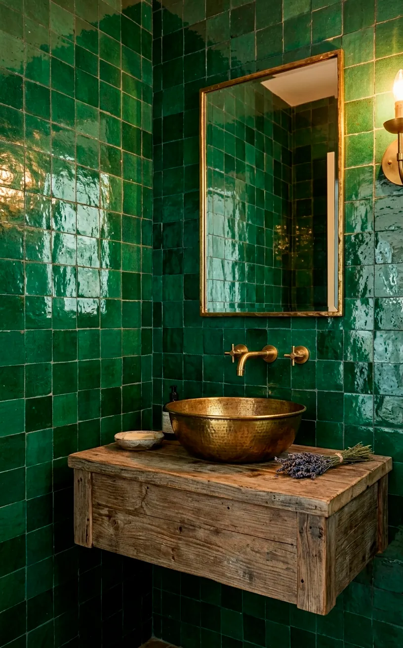 Emerald green Zellige tile wall in a luxury bathroom with a brass sink and wood vanity.