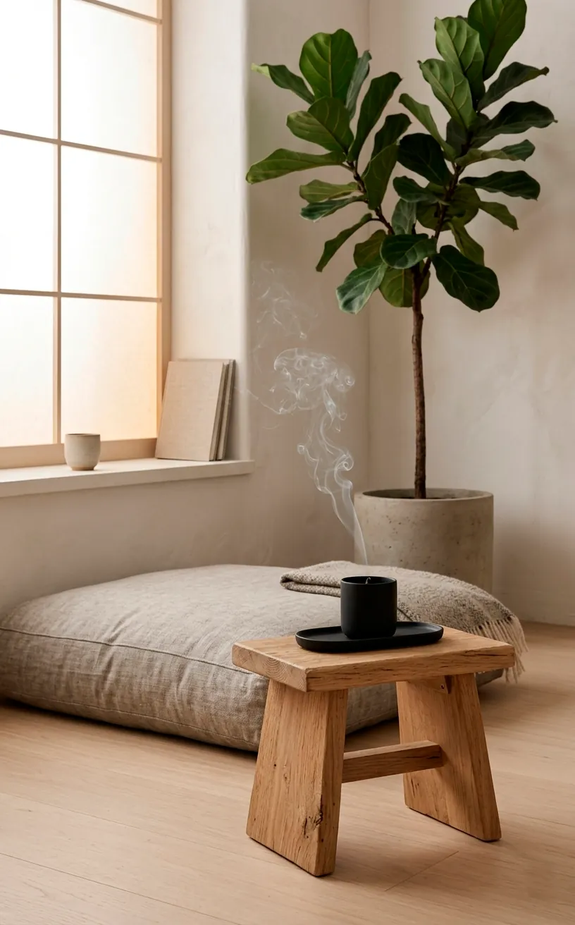 Black ceramic incense burner with smoke in a peaceful Japandi meditation corner.