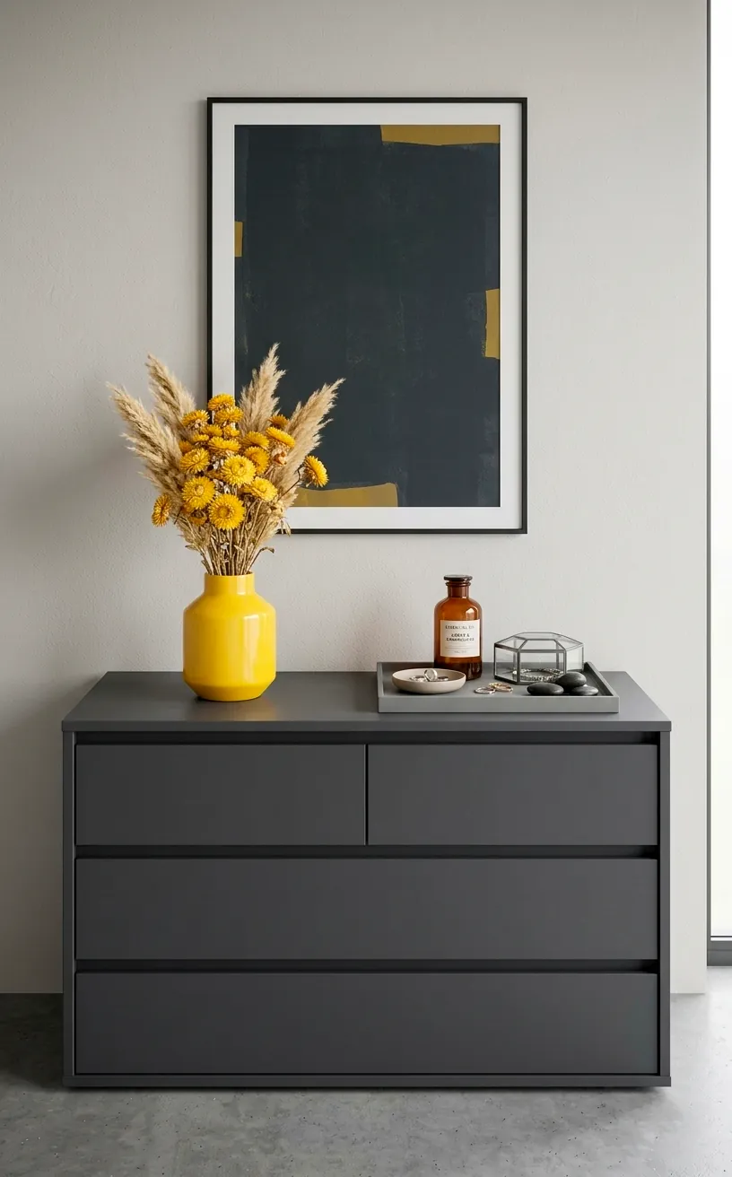 Modern grey dresser with a yellow vase and grey decorative tray in a bright bedroom.