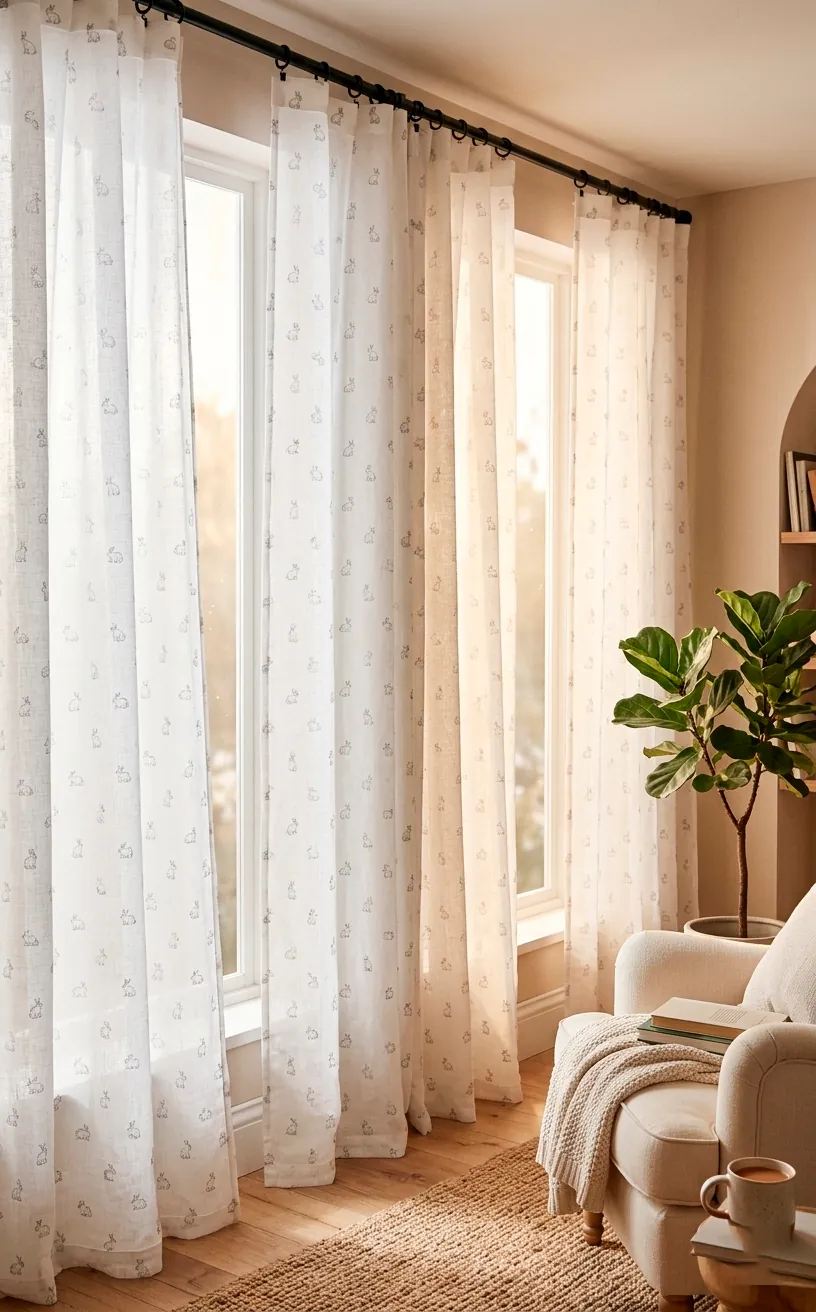 Sheer white curtains with a subtle grey bunny pattern in a sunlit room.