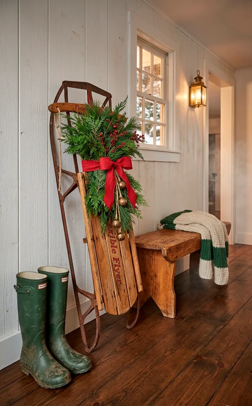 Vintage wooden sled decorated with pine and bells in a winter foyer.