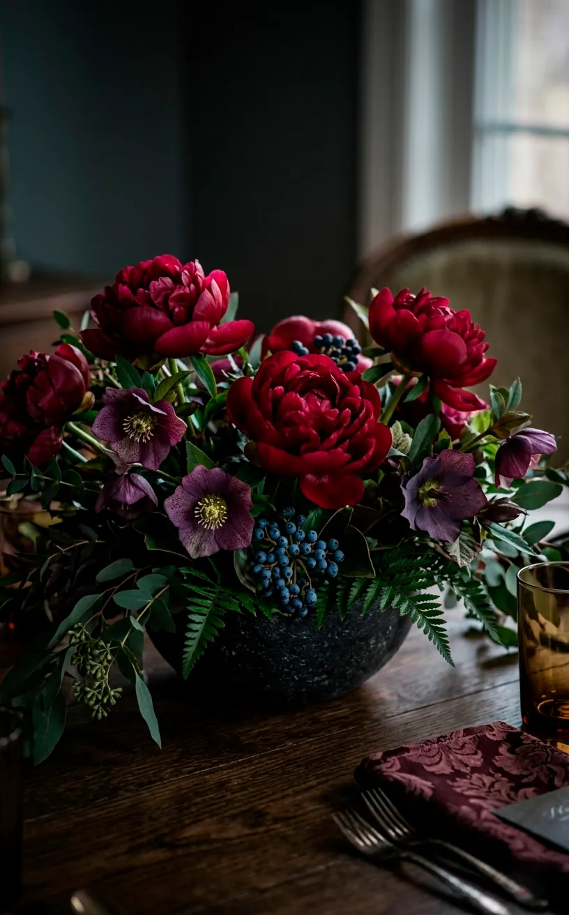 Moody holiday floral centerpiece with burgundy and purple flowers in a dark stone bowl.