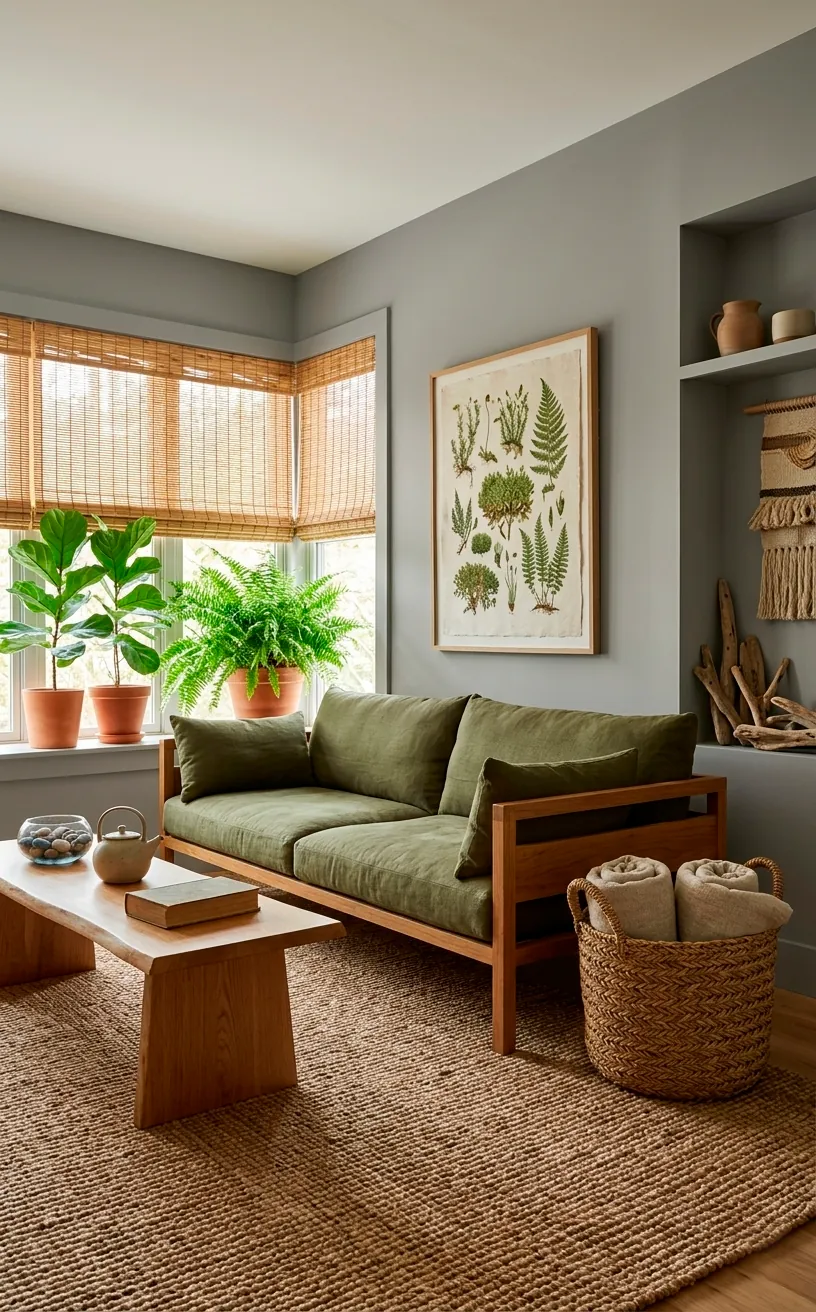 Nature-inspired living room with French Gray walls and bamboo blinds.
