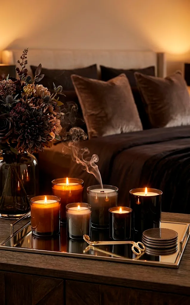 Dark glass candles on a mirrored tray with a moody floral arrangement background.