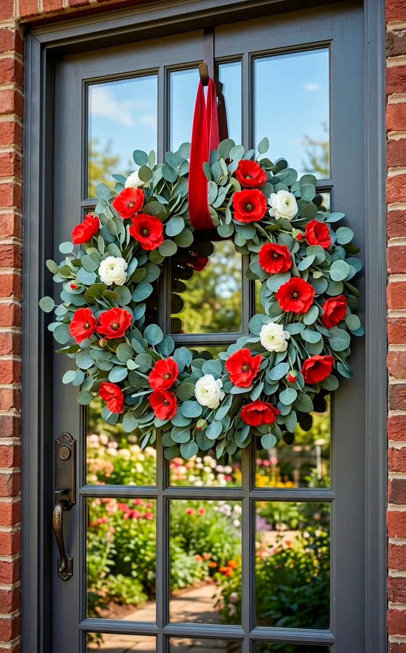 Eucalyptus and red poppy wreath on a glass front door.