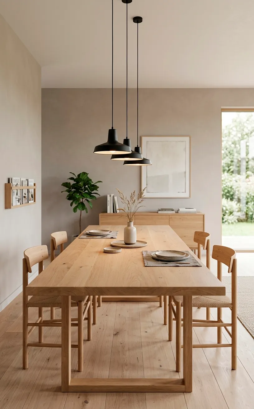 Solid oak minimalist dining table with black pendant lights.