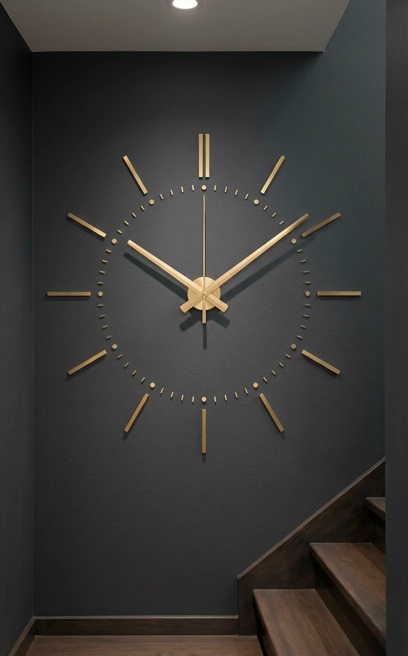 Large minimalist gold clock on a charcoal staircase wall.