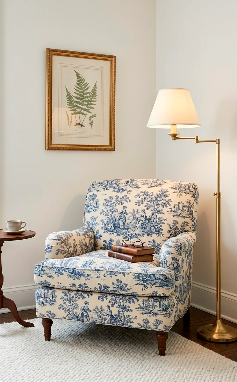 Toile de Jouy upholstered armchair in a cozy studio reading corner.