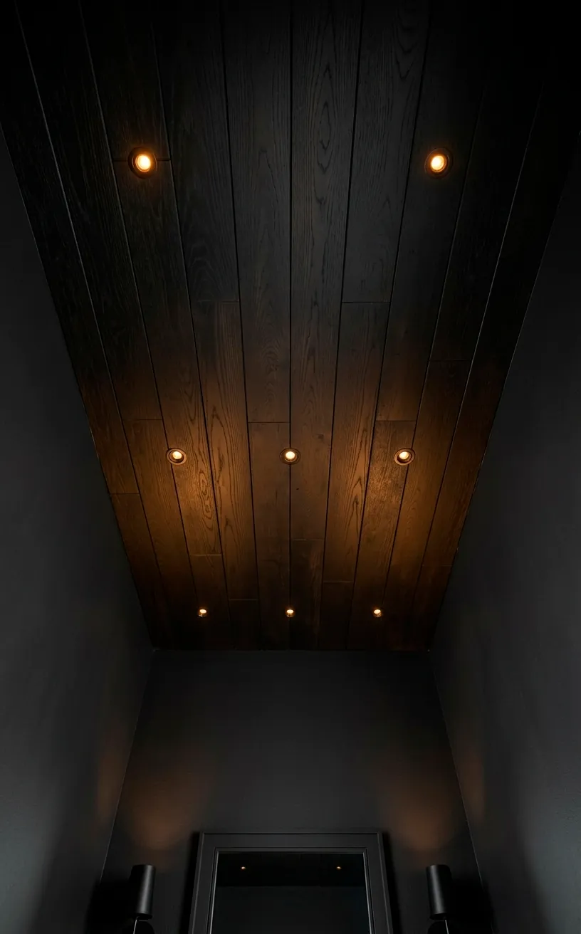 Dark ebony-stained wood ceiling in a moody powder room.