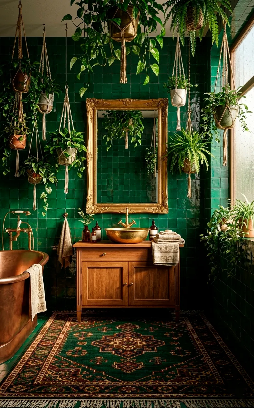 Forest green Moroccan kilim rug in a lush bathroom with emerald tiles and hanging plants.