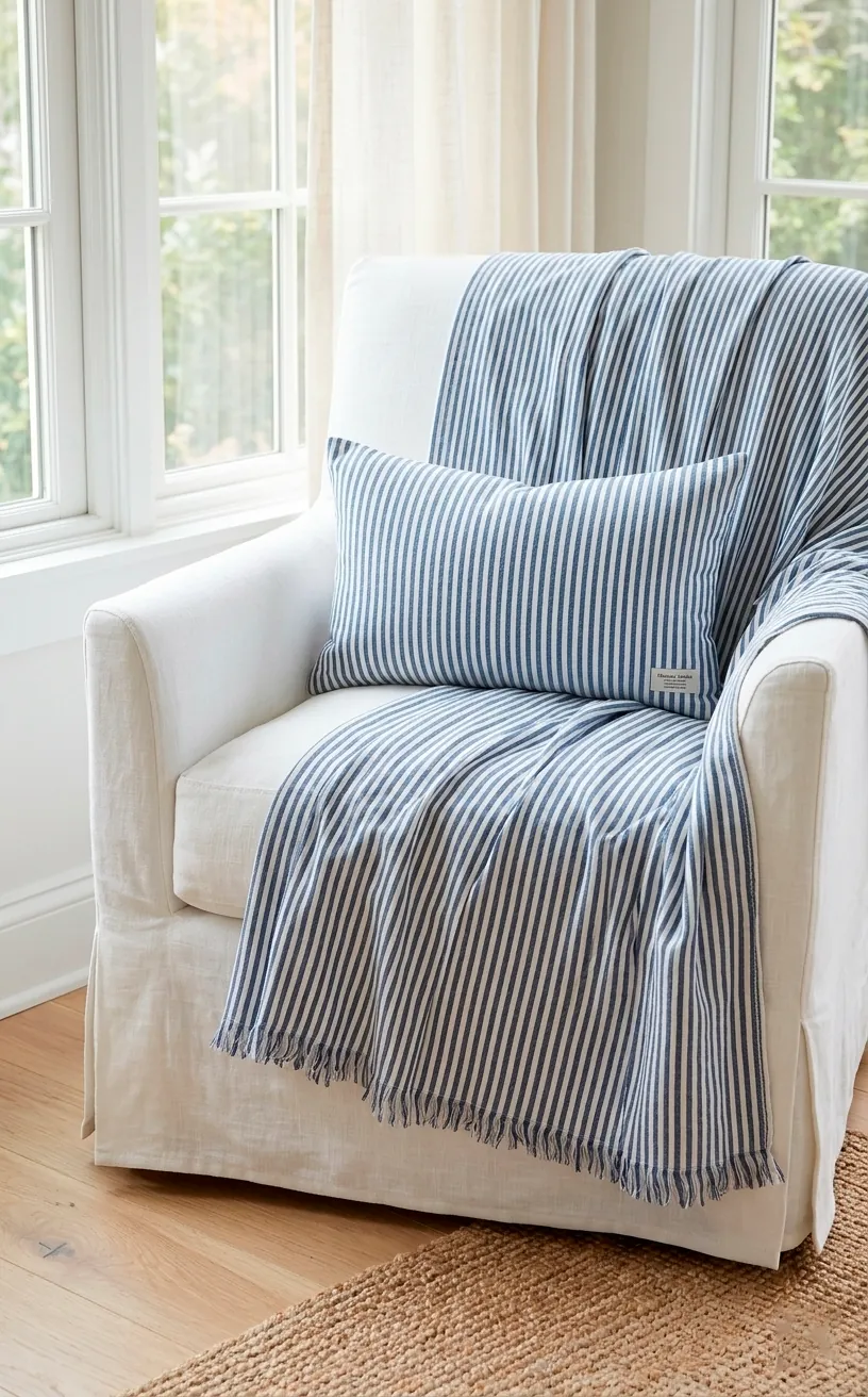 White armchair with blue and white striped coastal textiles.