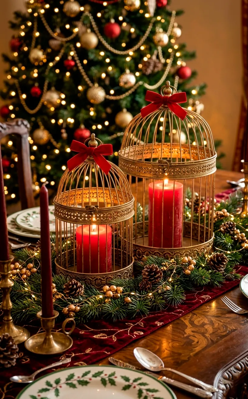 Gold decorative birdcages with red pillar candles inside on a holiday table.