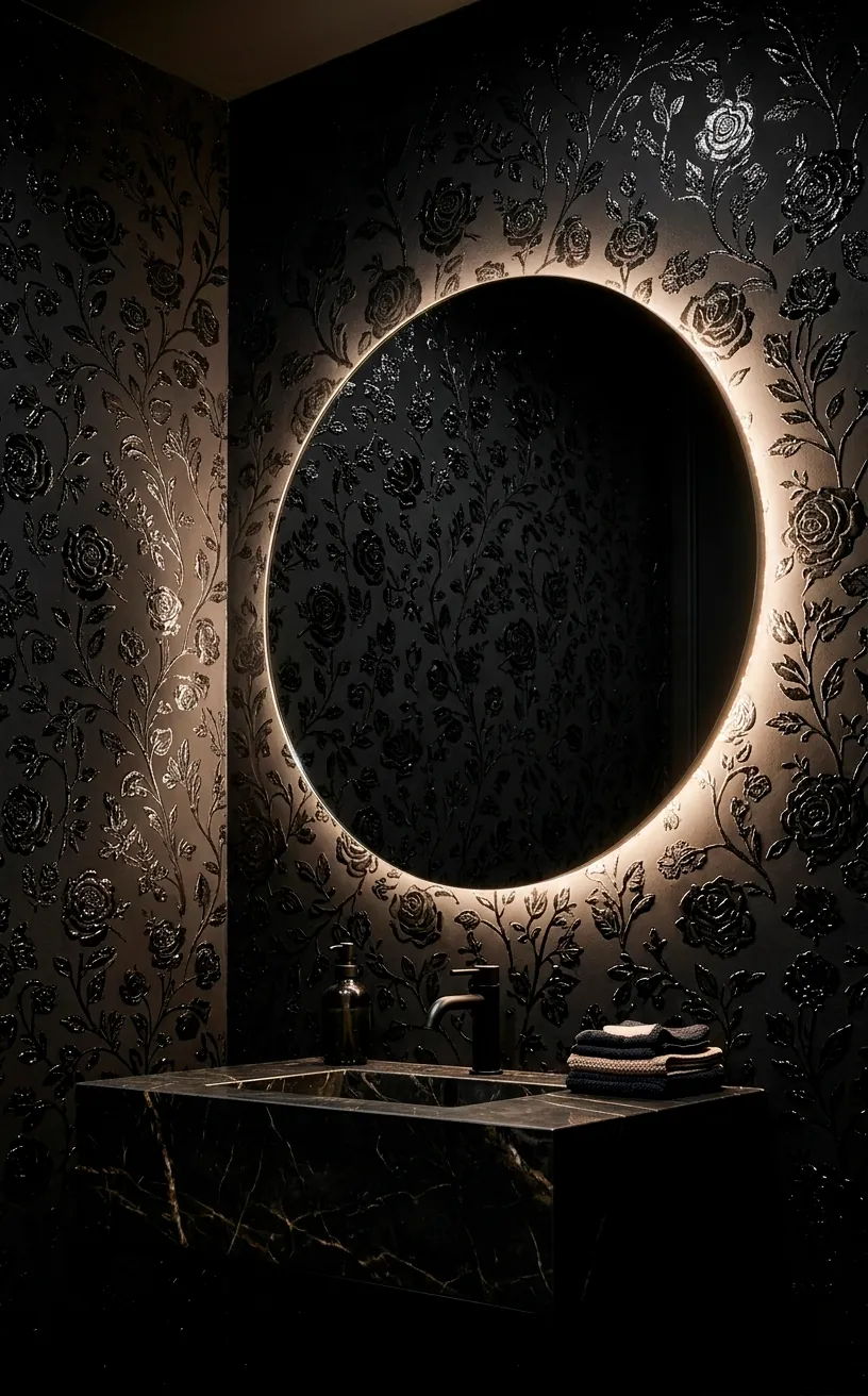 Glossy black-on-black floral wallpaper in a modern bathroom with a back-lit mirror.