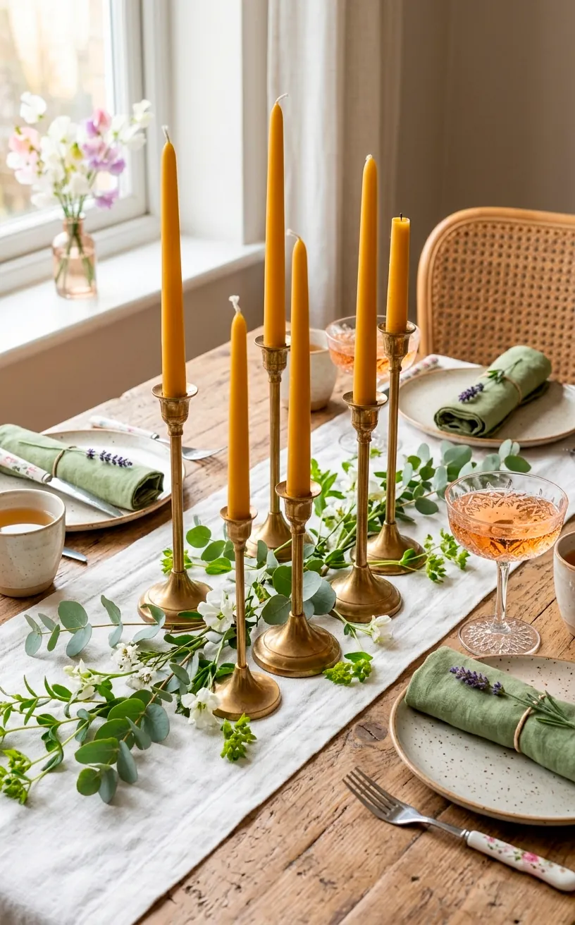 Mustard yellow taper candles in brass holders on a white linen dining table runner.