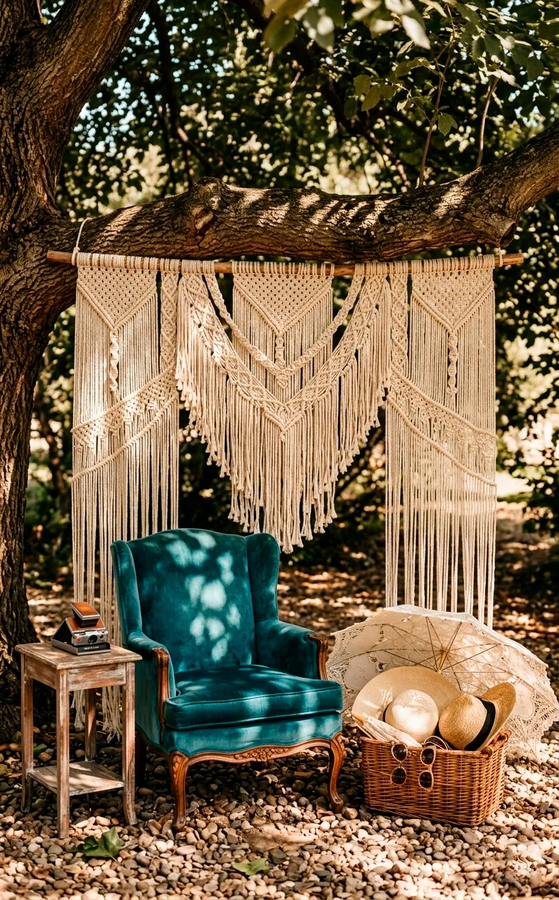 Outdoor photo booth with a macramé backdrop and vintage velvet armchair.