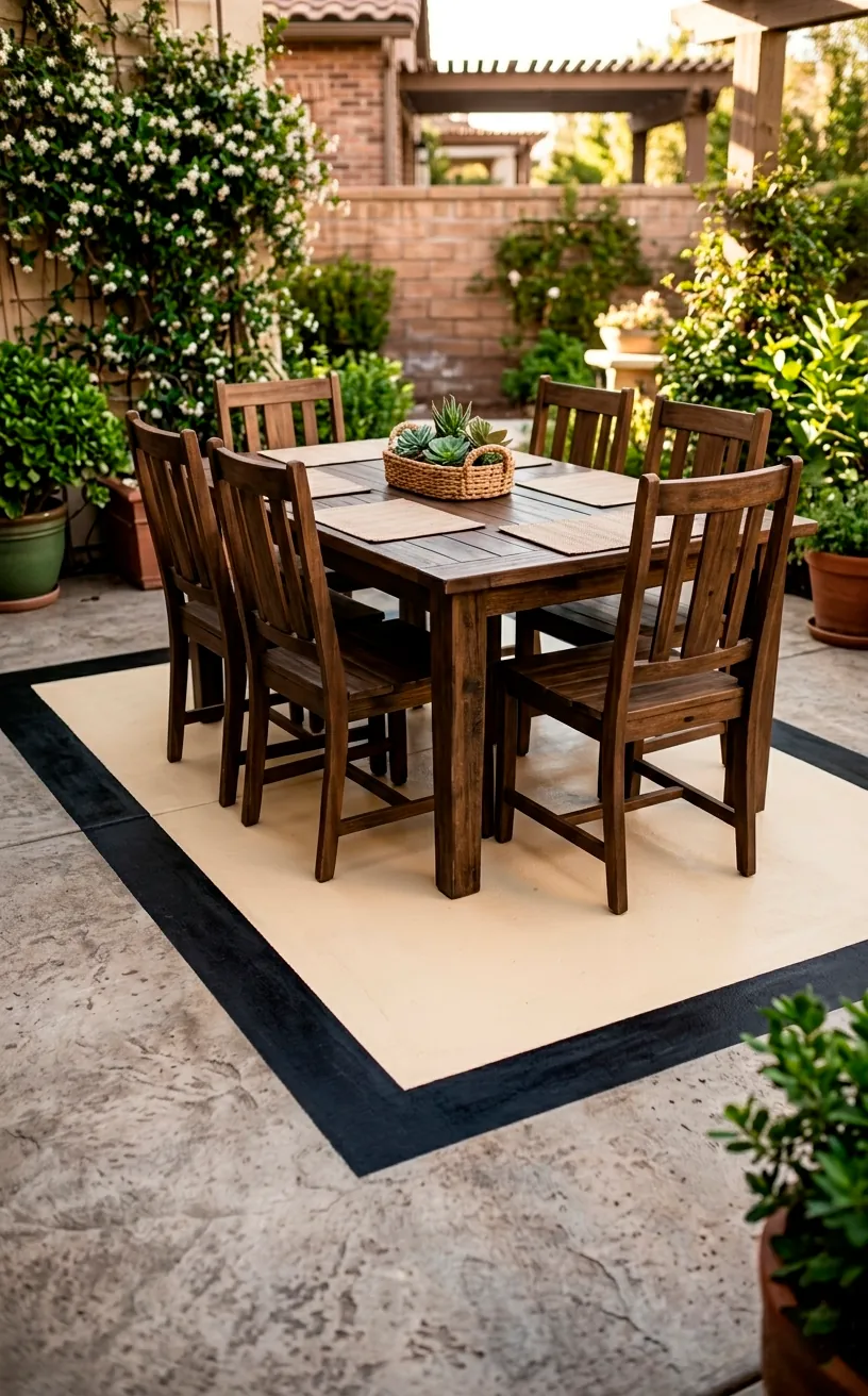 A concrete patio floor featuring a painted faux rug design with a dining set.
