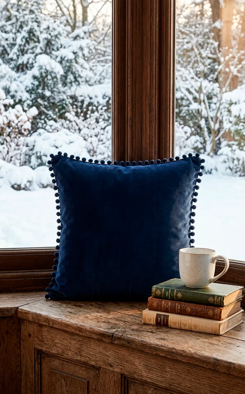 Navy blue velvet pillow with pom-pom edges on a cozy wooden window seat.