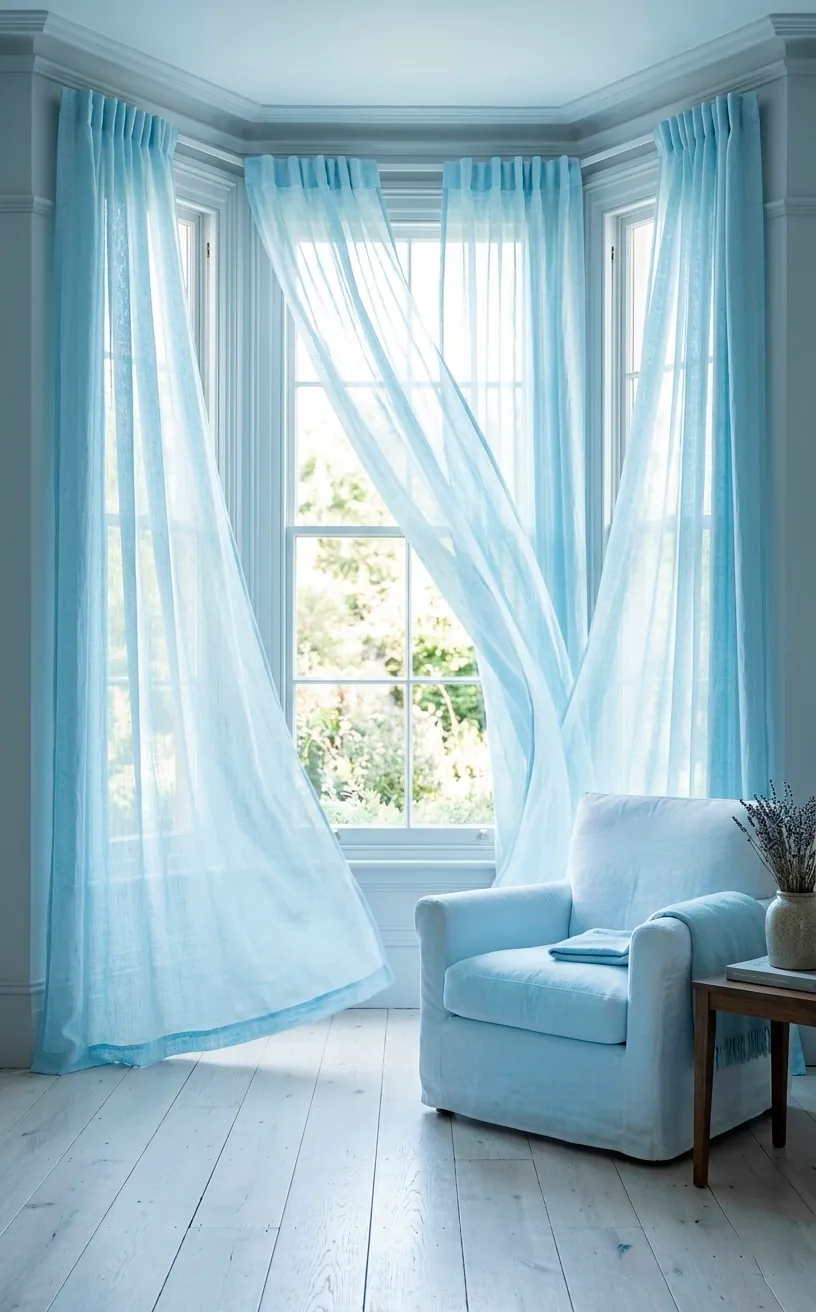 Sheer pastel blue linen curtains fluttering in front of a bright sunlit window.
