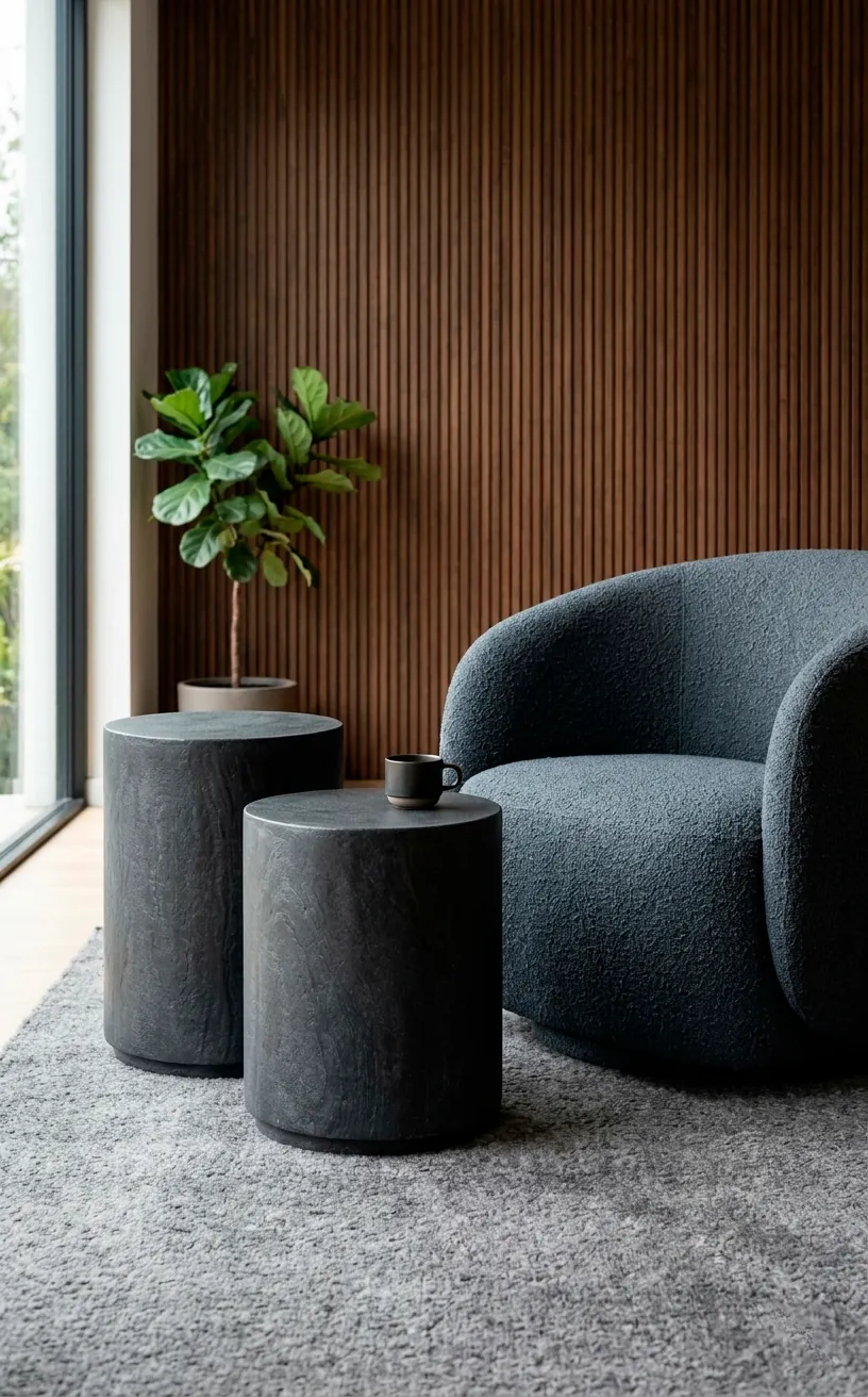 Two charcoal stone-look drum side tables on a modern patio.