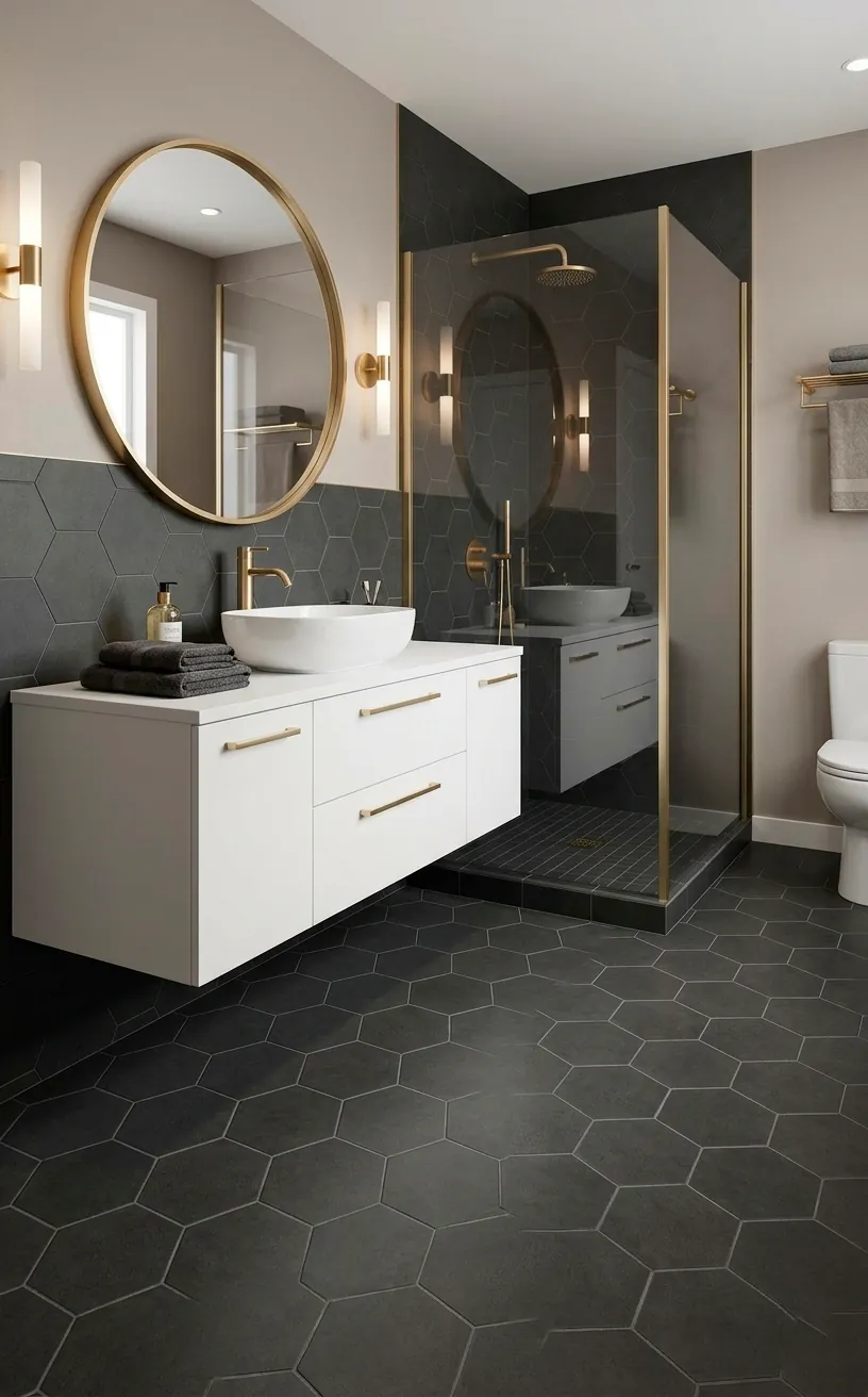 Dark charcoal hexagon peel and stick tiles in a modern bathroom with gold accents.