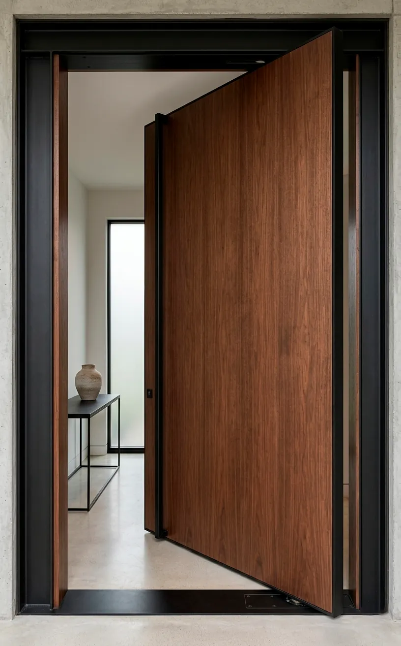Large industrial pivot door made of wood and steel in a modern entryway.