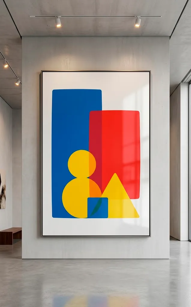 Minimalist geometric family portrait art in a modern high-ceilinged gallery.