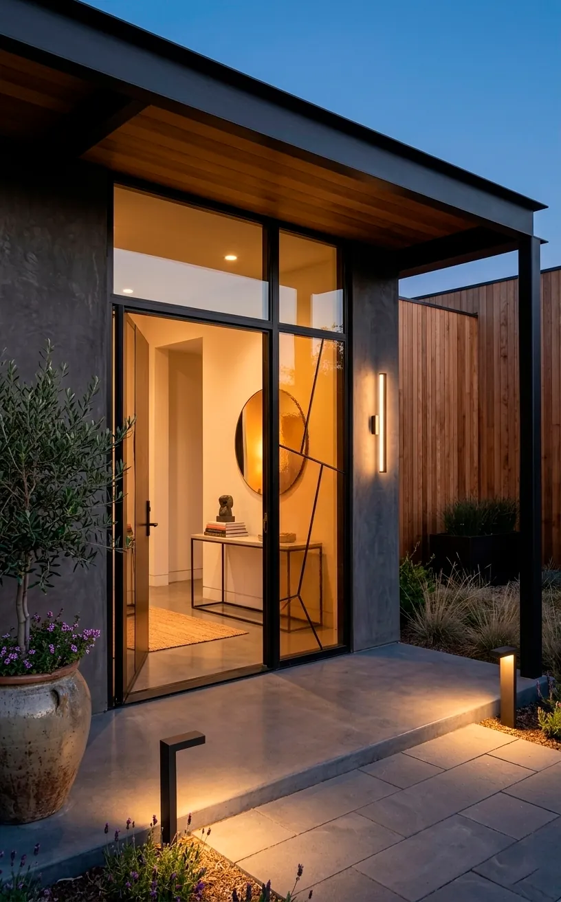 Modern glass entry with amber tinted geometric accents and warm lighting.
