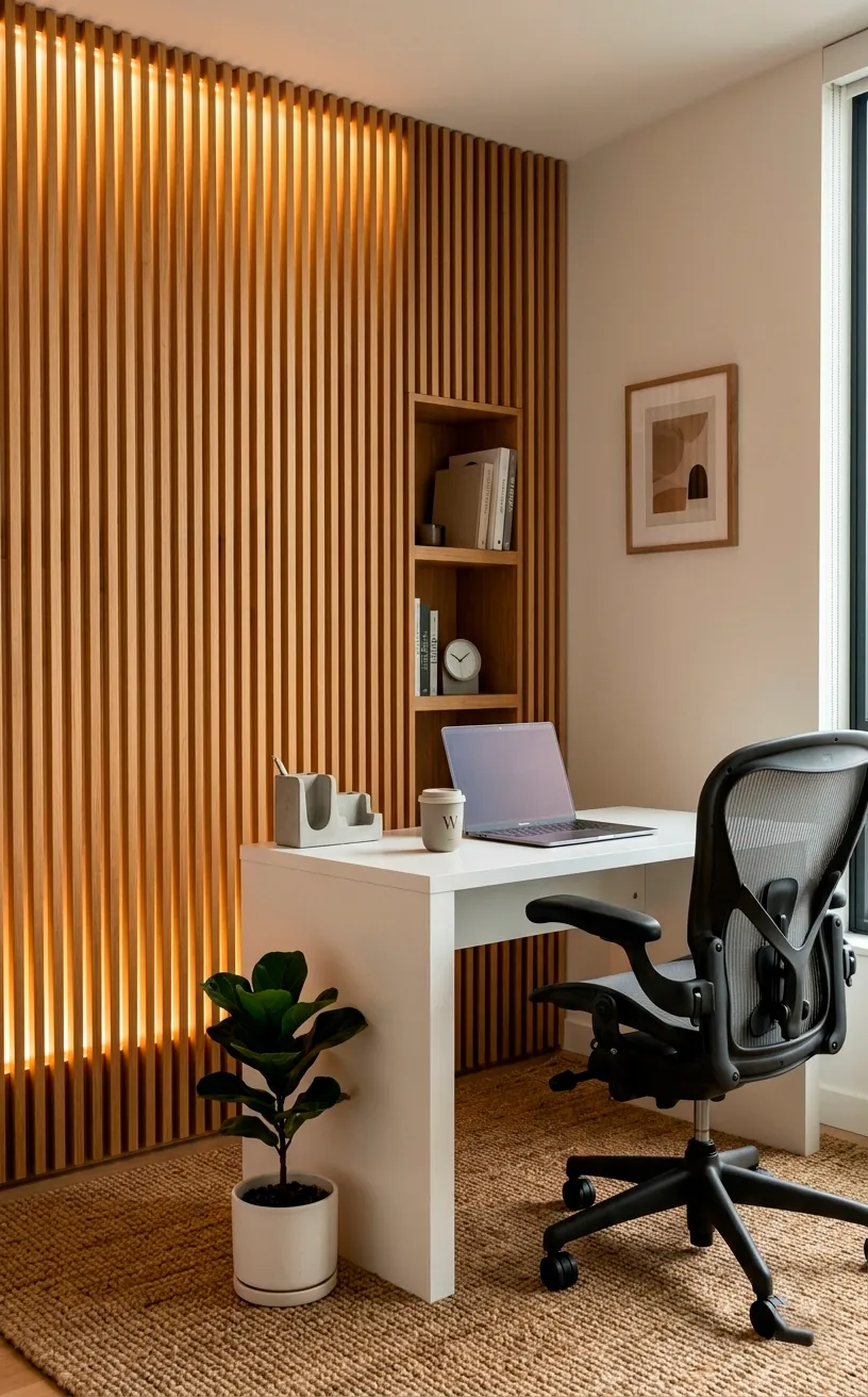 Home office with oak slat acoustic paneling and integrated smart lighting.