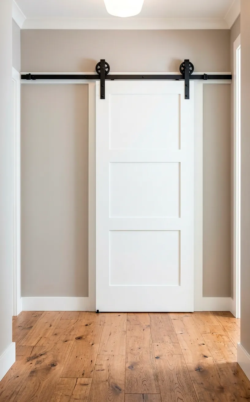 White barn door with industrial black steel sliding hardware in a hallway.