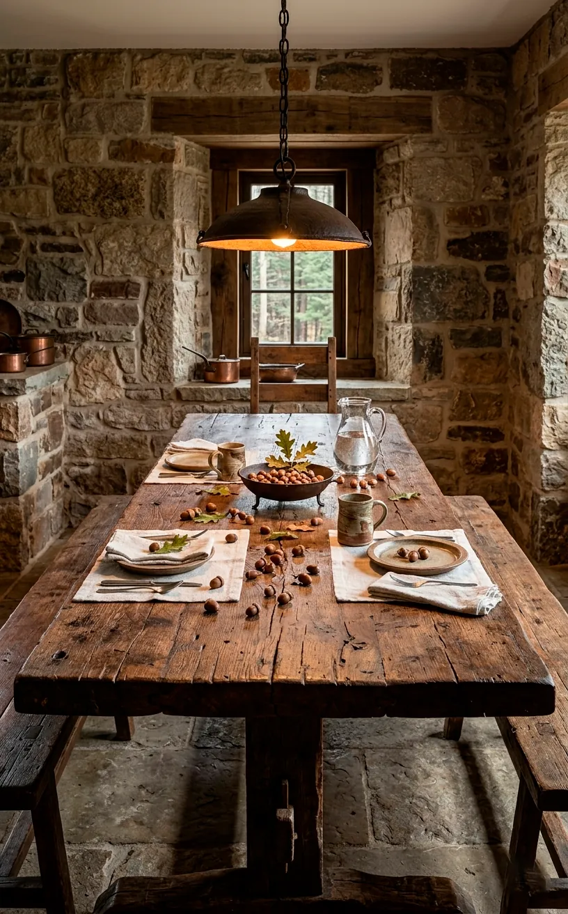 Large reclaimed wood dining table in a rustic stone-walled room.