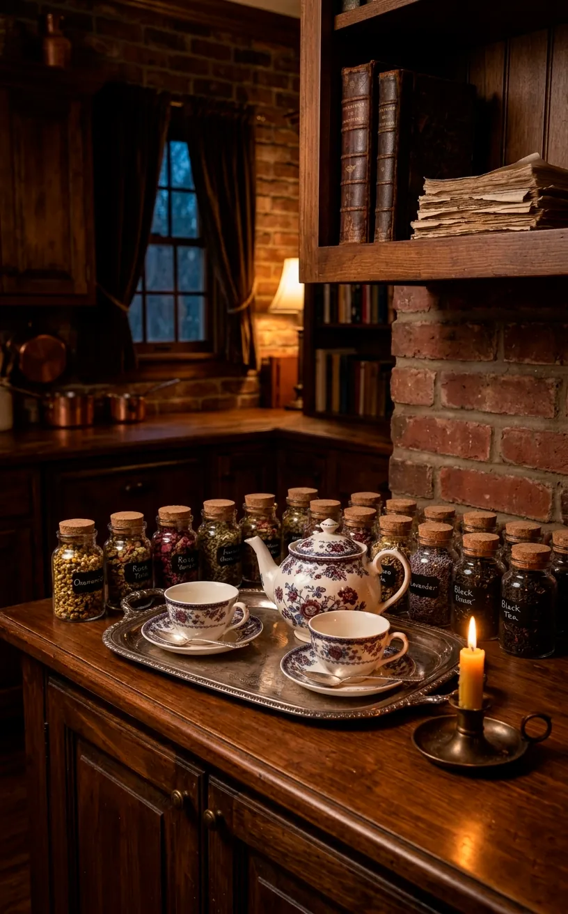 Vintage tea station with silver tray, porcelain teapot, and jars of herbs.