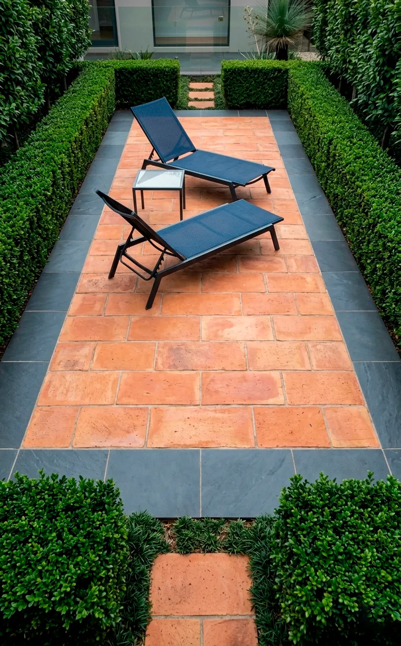 Patio featuring terracotta pavers with a dark grey slate tile border.