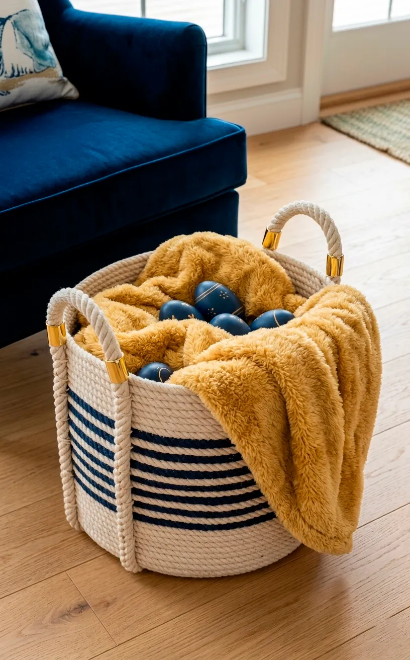 Nautical rope basket with navy stripes and gold handles in a living room.
