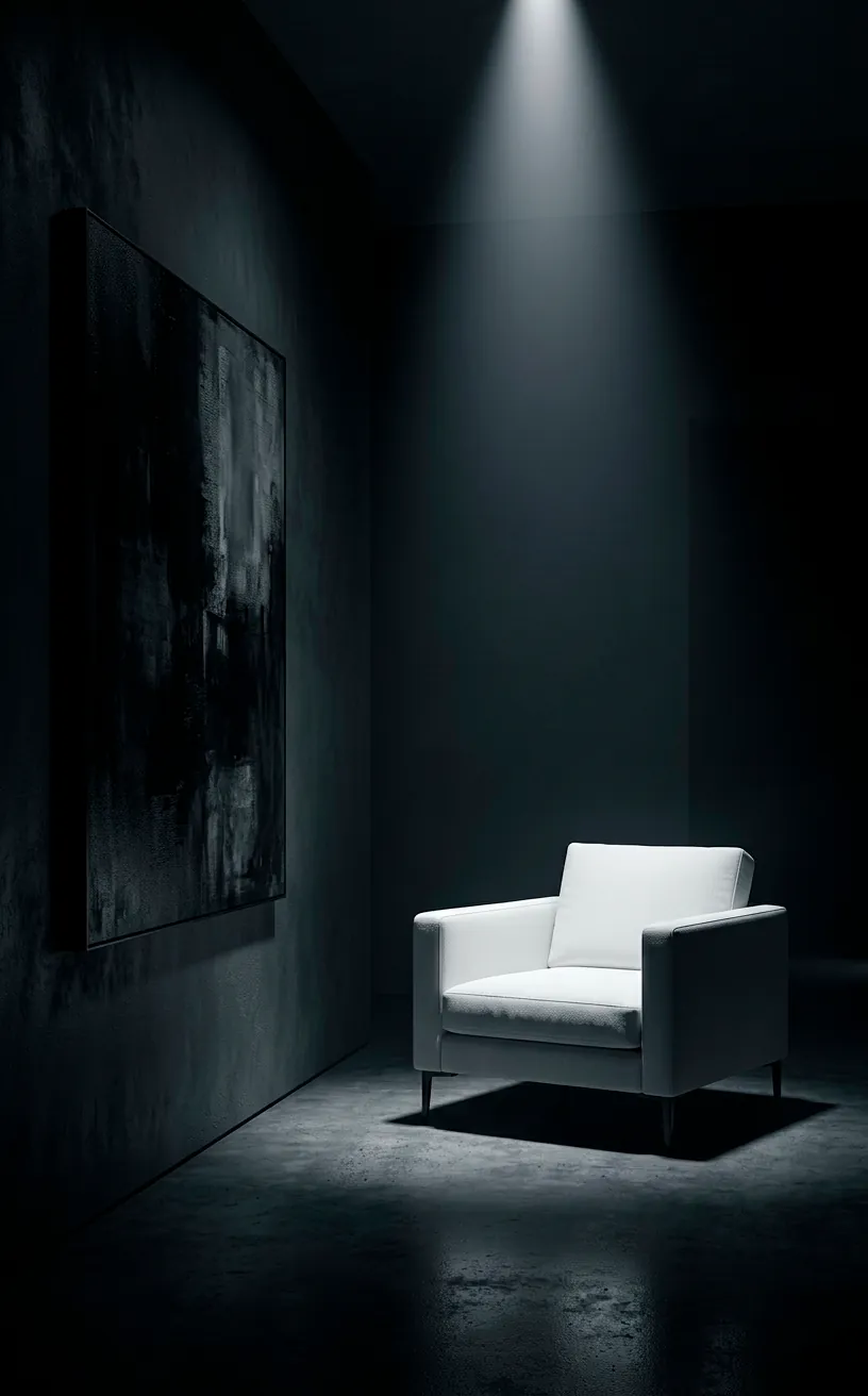 Dramatic high-contrast reading nook with focused lighting and deep shadows.