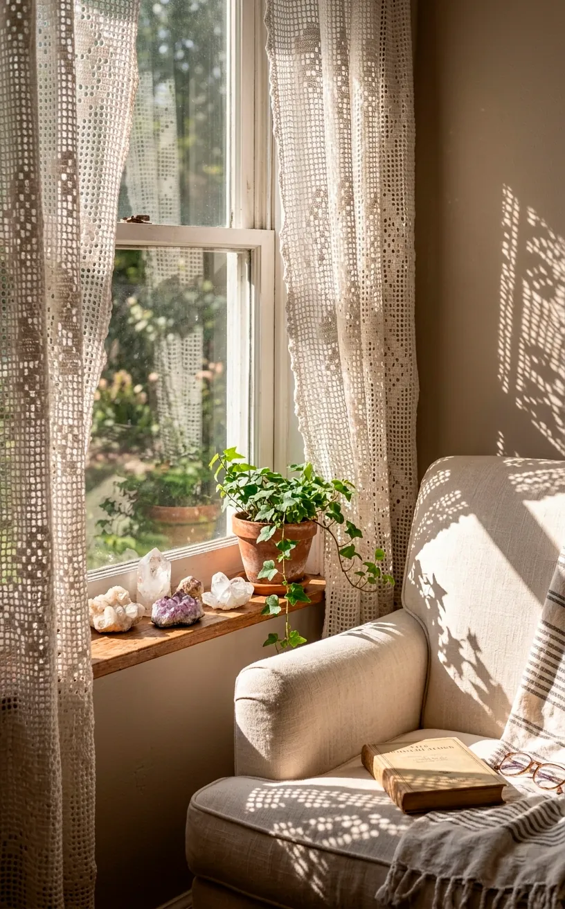 White crochet curtains on a window casting patterned shadows into a reading nook.