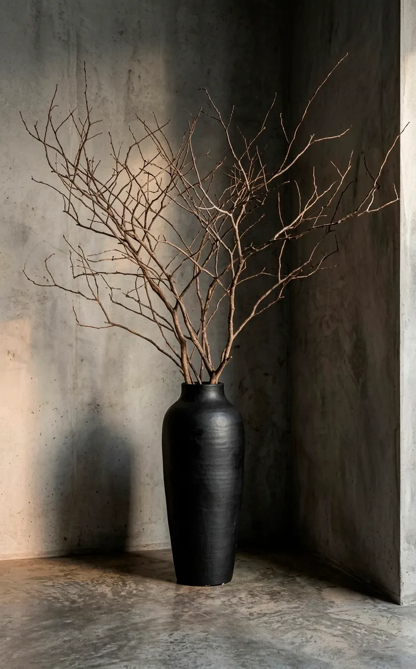 Tall matte black vase with a large architectural bare branch in a minimalist corner.