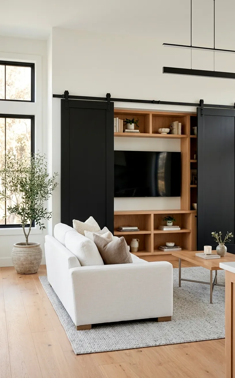 Matte black sliding barn doors hiding a TV wall unit in a modern room.