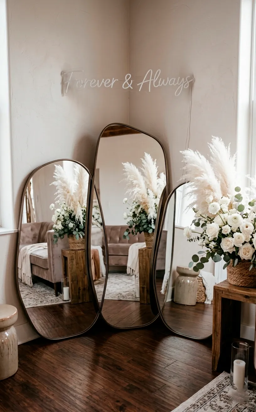 Faceted floor mirror installation reflecting floral decor in a wedding lounge.