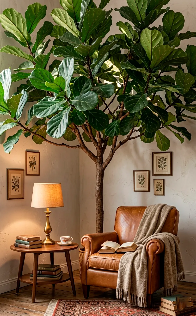 A wide-branching Fiddle Leaf Fig tree creating a canopy over a leather armchair.