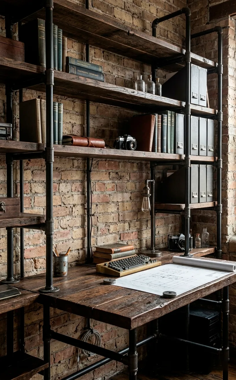 Industrial pipe and wood desk unit against an exposed brick wall in a loft style room.