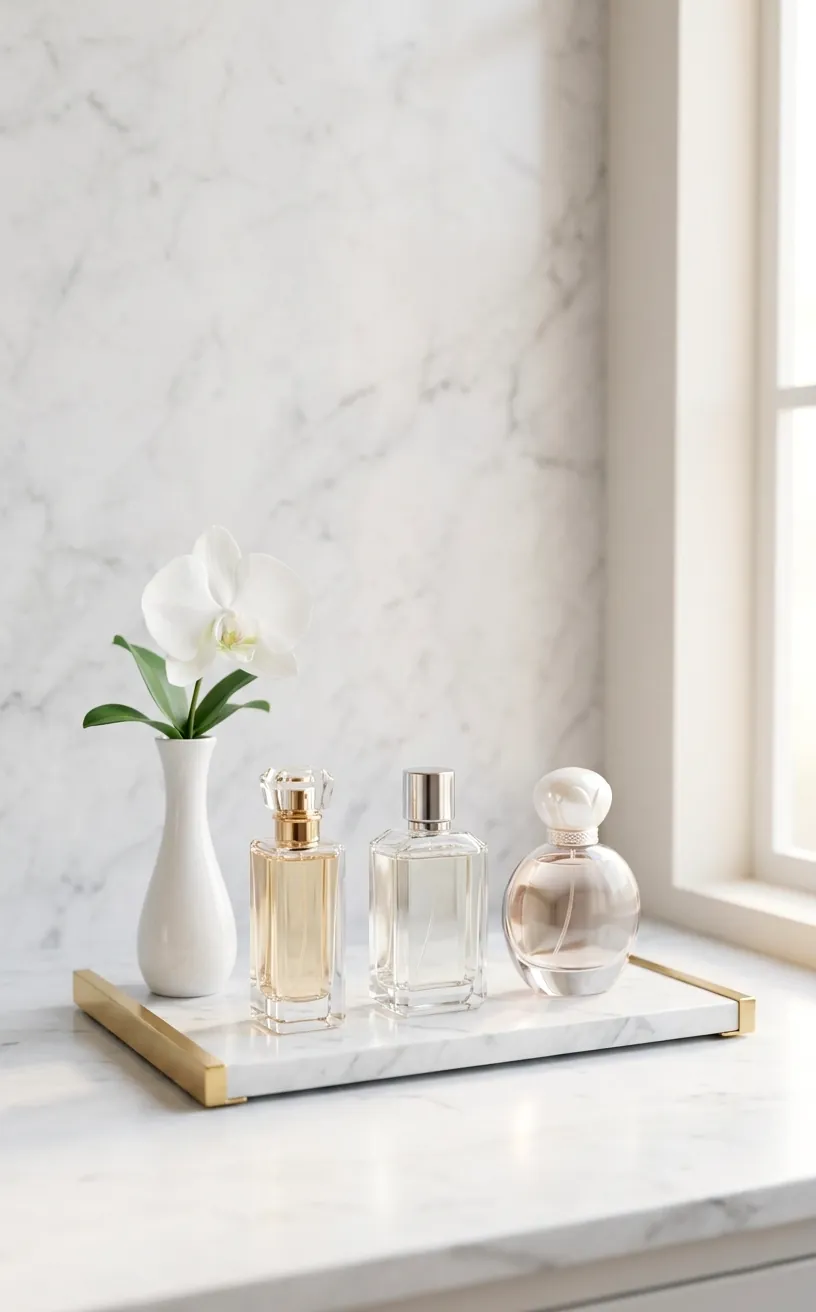 White marble vanity tray with perfume and an orchid in a minimalist white room.
