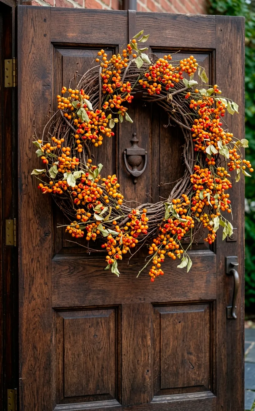 Natural bittersweet berry wreath on a dark wooden front door.