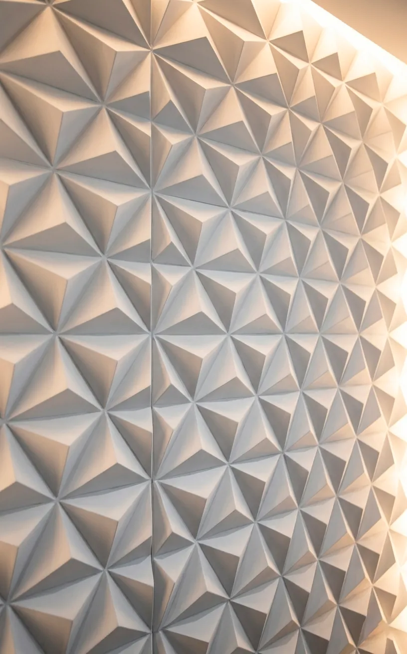 White 3D pyramidal wall tiles with dramatic shadow play from LED lighting.