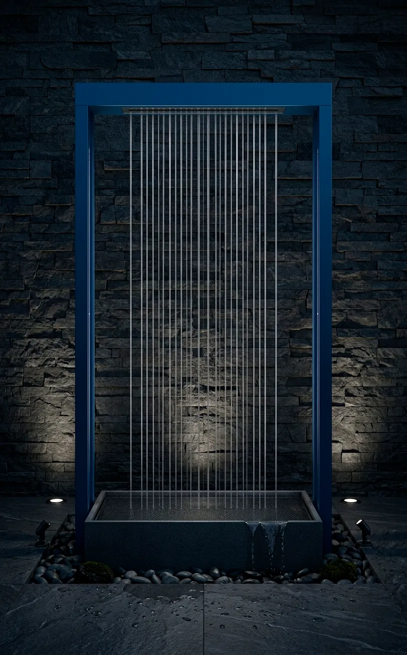 Midnight blue rainfall curtain fountain against a stone garden wall.