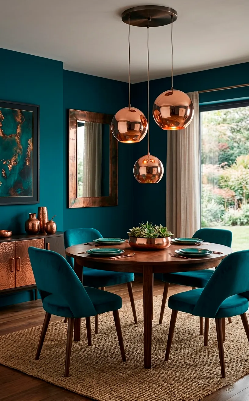 Teal dining room with round table and copper pendant lights.