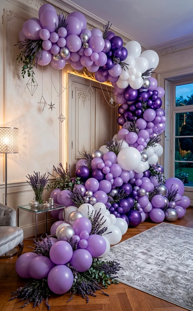 Cascading lavender balloon waterfall installation for a Mother's Day celebration.