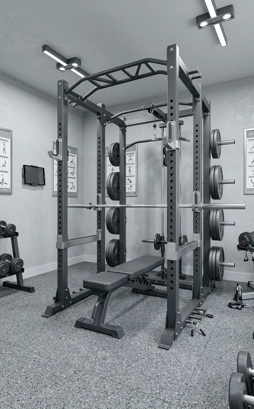 Professional graphite and metal home gym with light grey walls and speckled flooring.