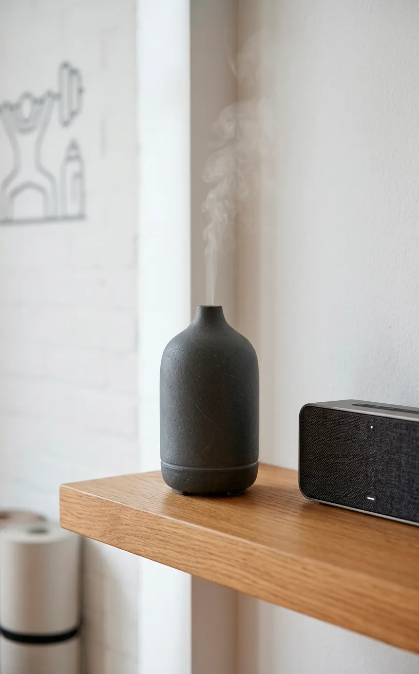 Stone essential oil diffuser and Bluetooth speaker on a shelf in a spa-like home gym.
